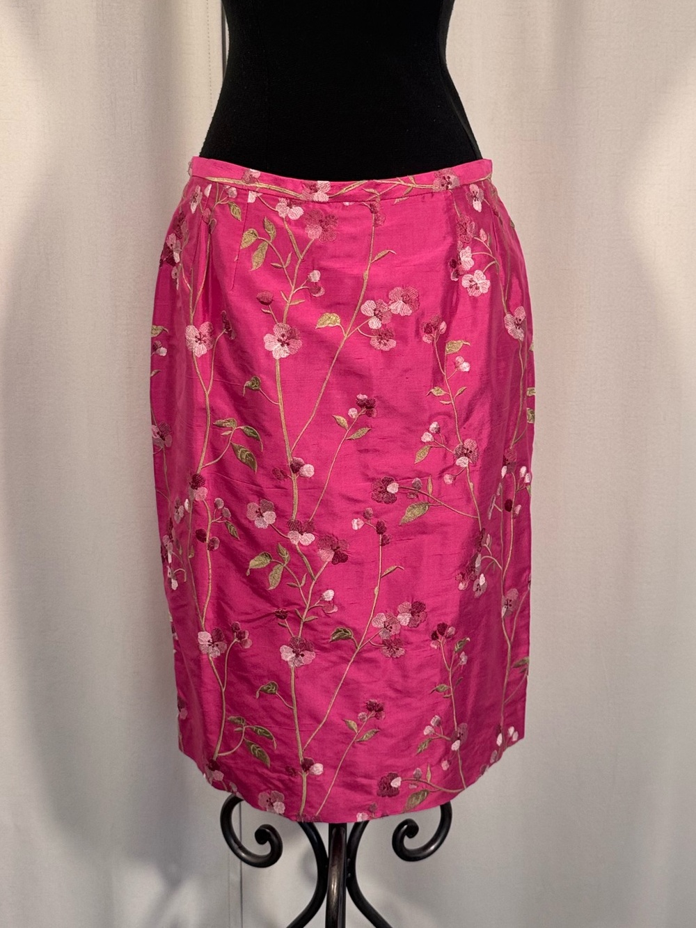 Vintage Connie Roberson Pink Embroidered Floral Silk Midi Skirt